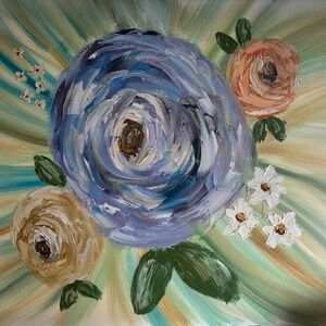 Floral Burst Canvas painting- Blue and Cream